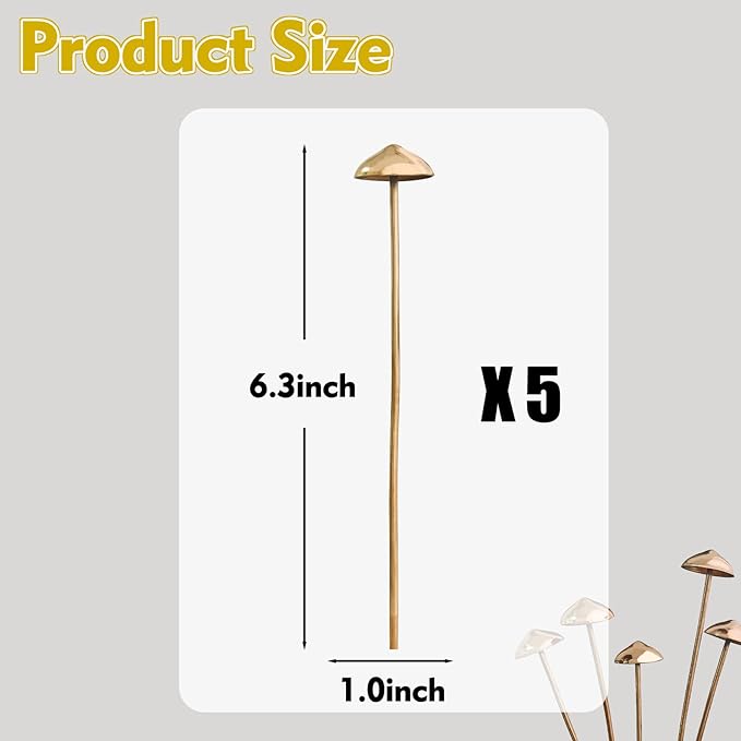 Rainteam 5Pcs Brass Fake Mushroom Plant Stakes Metal Fairy Garden Decor for Potted Plants Indoor Outdoor Plant Accessories Gift for Gardeners & Plant Lovers