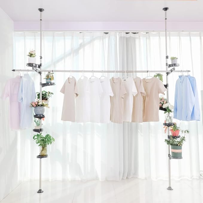 BAOYOUNI Indoor Plant Pole Stand Double Tension Rods Flower Pot Storage Shelf Holders Floor to Ceiling Display Rack Hanger with 12 Trays, 2 Hooks & 1 Telescopic Rod for Clothes Drying, Grey