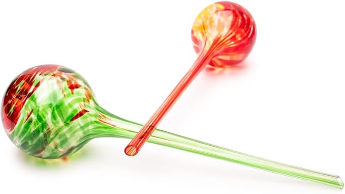 Lexi Home Aqua Globes for Indoor & Outdoor Plants, Self Watering Planters, Hand Blown Glass Watering Can, 2 Pack - Green, Red