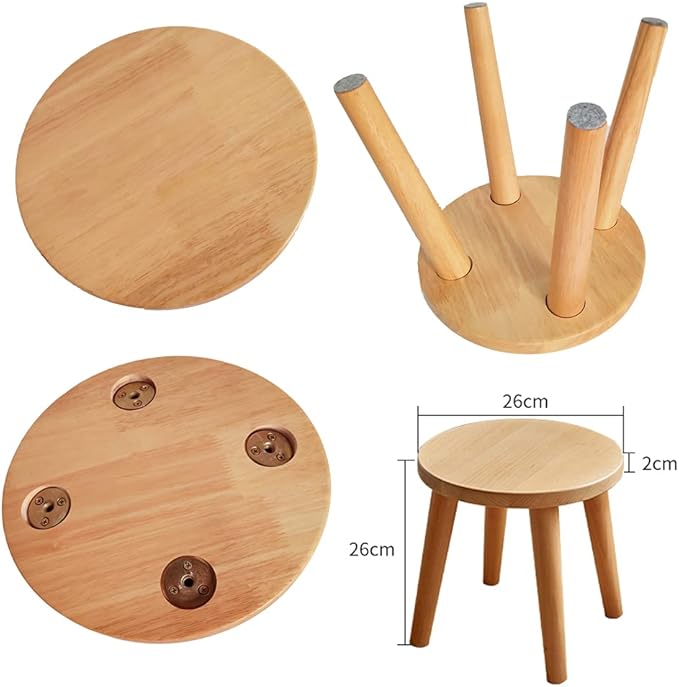 Natural Solid Wood Step Stool Plant Stand Round Footrest 10 inch Portable Detachable Legs Vanity Stool, Small