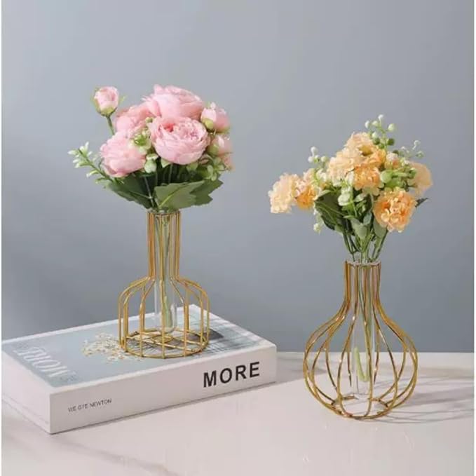 Table Flower Vases,Gold Geometric Metal Frame Clear Glass Tube Bud Vase Hydroponic Plants,Bulb-Shaped Design,Gold Vase Decorative for Fridge,Window,Home,Party(gold 10)