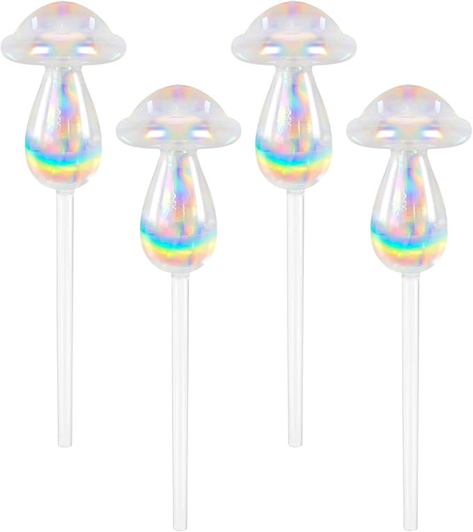 Rainbow Plant Watering Globes, Rainbow Gradient Color Plant Watering Bulb Devices,Mushroom Self Watering Spikes Iridescent, Pack of 4
