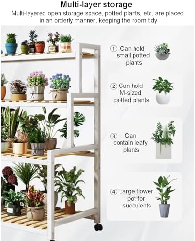 Multi-Tier Metal Plant Stand with 4 Bamboo Shelves - Stylish Indoor Succulent Display Rack, Space-Saving Ladder Design for Home Decor, Plant Organizer, Modern Plant Shelf
