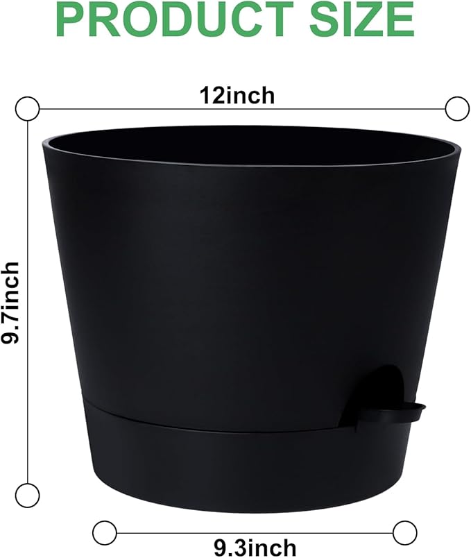 YNNICO 12 Inches Indoor Self Watering Planters with Drainage Holes and Saucers, 4 Pack (Black)