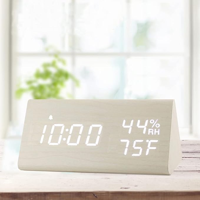 JALL Digital Alarm Clock, with Wooden Electronic LED Time Display, 3 Alarm Settings, Humidity & Temperature Detect, Wood Made Electric Clocks for Bedroom, Bedside (White)