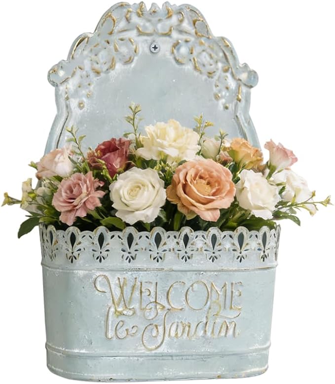 Metal Hanging Planters Wall Mount Planter Wall Vases for Flowers Shabby Chic Decor for Rustic Farmhouse Outdoor Decor Blue