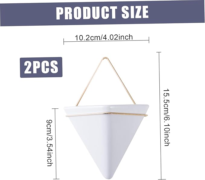Hanging Planter, 2PCS Geometric Triangle Wall Plant Holder, Ceramic Wall Mounted Plant Holder, for Succulent, Faux Plants, Home and Office Decor, White, Mounted