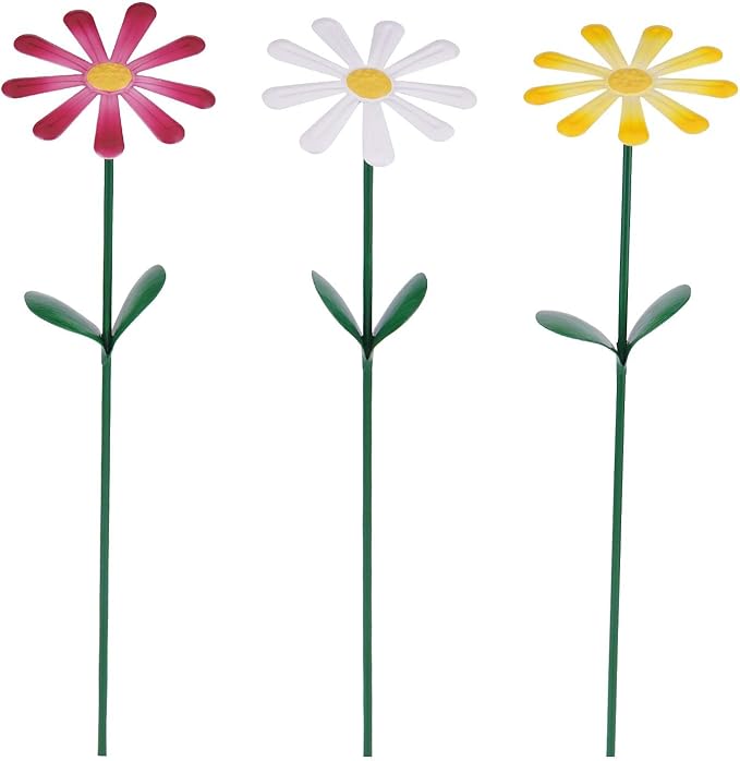Topadorn Flower Garden Stake Decor, Outdoor Plant Pick Water Proof Metal Sunflower Daisy Stick for Lawn Yard Patio, Pathway Ornament, Set of 3
