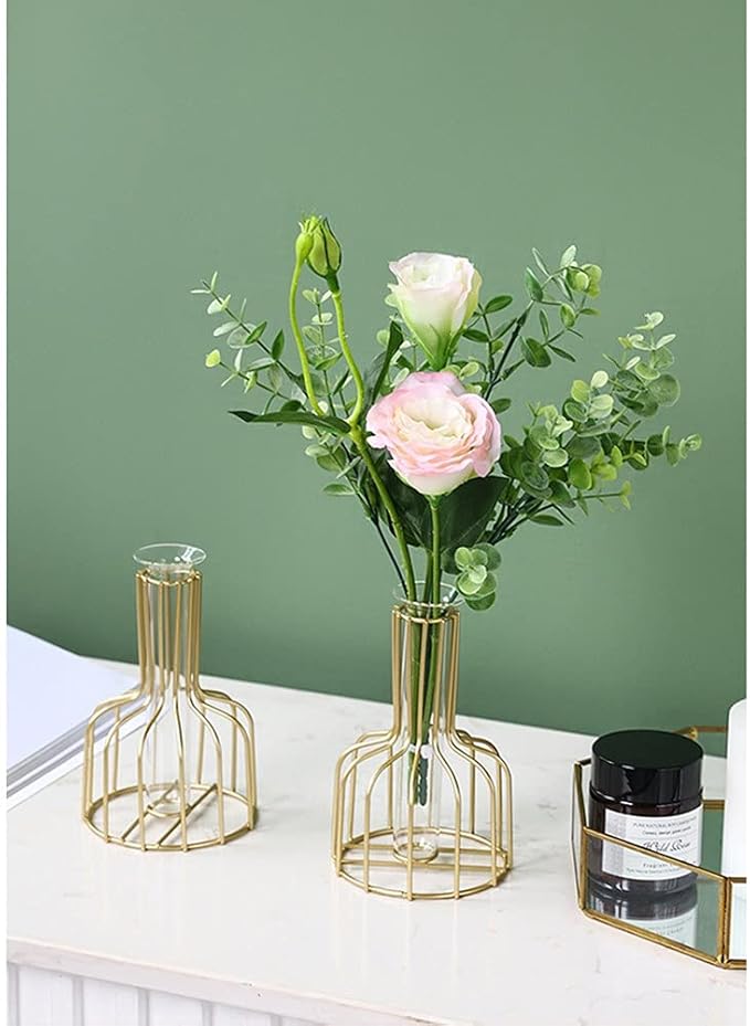 Table Flower Vase,Gold Geometric Metal Frame Clear Glass Tube Bud Vase Hydroponic Plants,Gold Vase Decorative for Flower,Weddings,Centerpiece,Party,Home(gold 7)