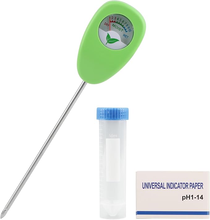 Soil Moisture Meter with Bonus 25 pH Test Strips, 6.5 Inch Probe Plant Water Gauge, Indoor Outdoor Garden, No Battery Required