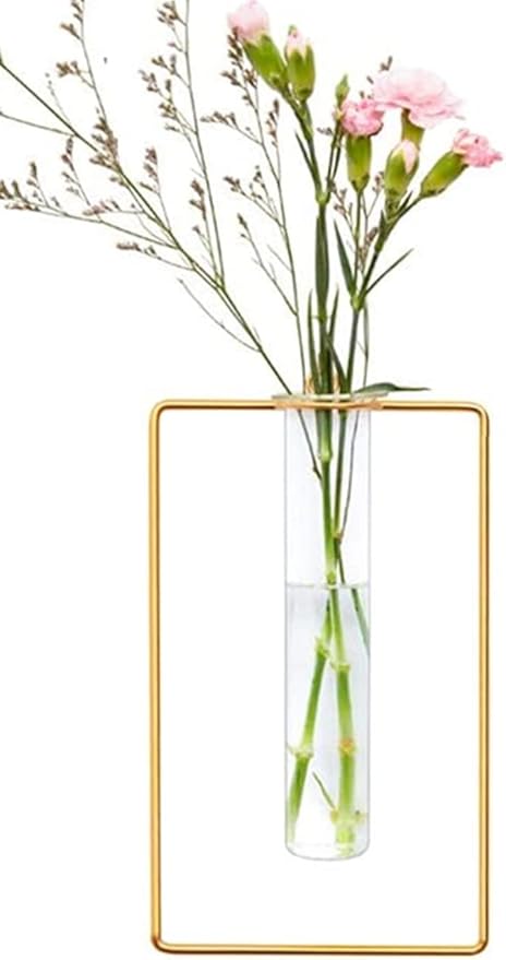 Nordic Wall Vase Hanging Geometric Gold Flower Vase Wall Mount Metal Frame Vases Hydroponic Glass Bud Vase Decor for Home Wedding Farmhouse