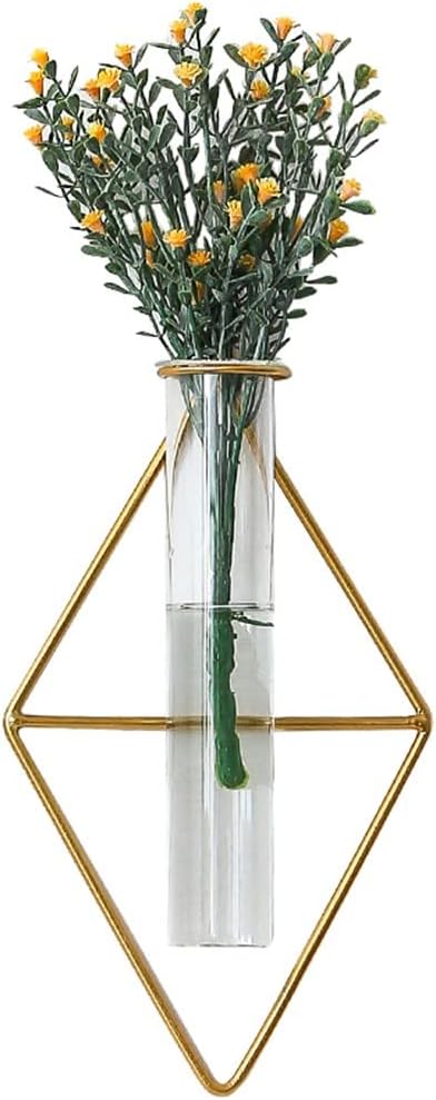 2 Pack Nordic Gold Wall Vase,Hanging Geometric Metal Vase Hydroponic Planter,Wall-Mounted Glass Tube Bud Vase Decorative for Centerpieces Wedding Home Decor(Gold 11)