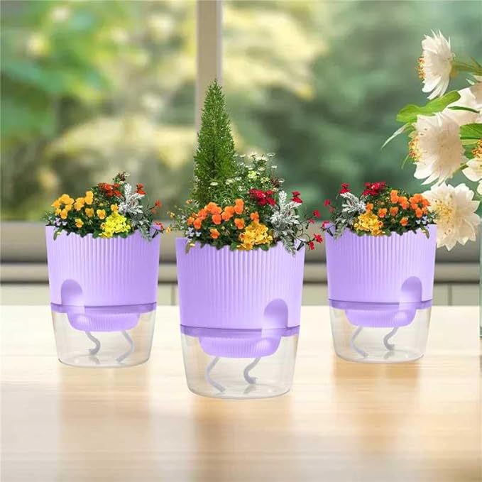 3 Pack - 5.5 Inch Self Watering Planter Pots for Indoor Plants - African Violet Pots with Wick Rope - Purple