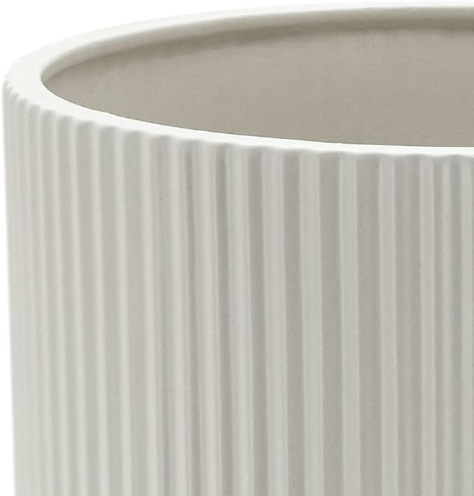 Amazon Basics Fluted Ceramic Round Planter with Drainage Hole, 8-inch, White, Indoor Outdoor, Modern Decorative for Indoor Plants