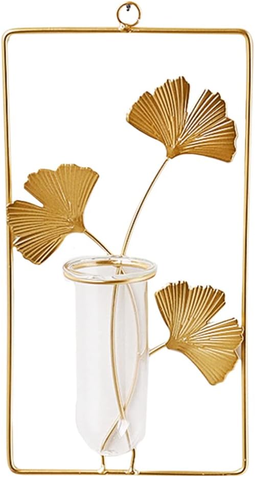 Veemoon Wall Hanging Glass Terrariums Planter Wall Mounted Plant Propagation Station Test Tube Mini Vase Pot for Hydroponic Plants Gingko Leaf Sculpture Home Decor Gold L