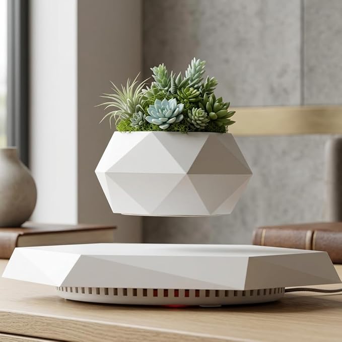 HCNT Levitating Plant Pot, Magnetic Levitation Flower Pot Rotating Planters Suspension Floating Planter Succulents Potted for Home Living Room Office Desk Decoration (White)