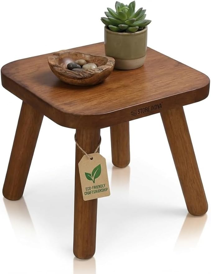 STORE INDYA Wooden Step Stool for Adults Non Slip Small Wooden Square Portable Foot Stool with Detachable Legs, Eco Friendly Mango Wood