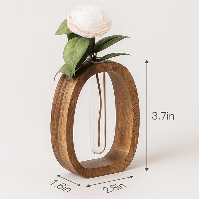Mini Hydroponic Vase with Walnut Wood Stand, 2.8 x 1.6 x 3.7 inch Glass Propagation Station for Terrarium Plants, Desk Plant Holder Gift for Plant Lovers