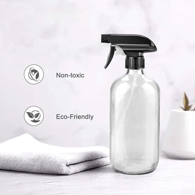 Worldgsb Glass Spray Bottles, 16oz Clear Glass Spray Bottles with Labels & Adjustable Nozzle, Reusable Containers for Cleaning Solutions, BBQ, Food, Plants, Alcohol, Essential Oils(2 Pack)