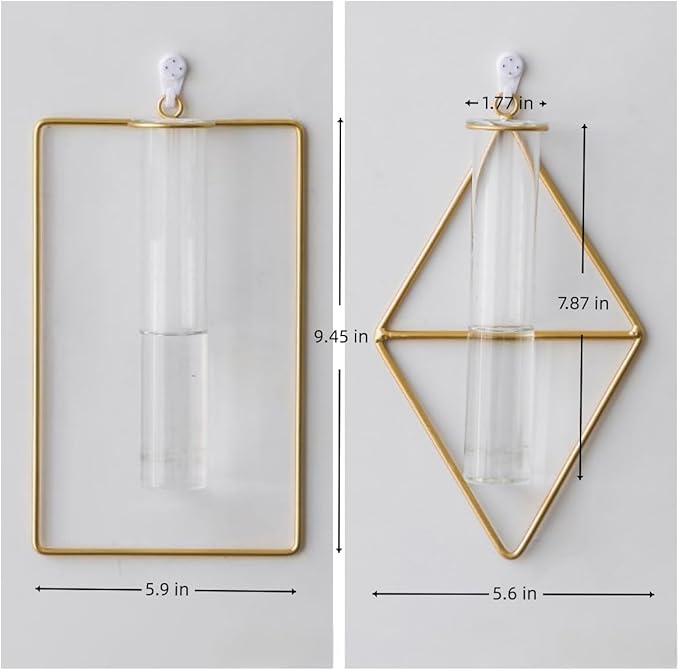 2 Pack Nordic Wall Vase Hanging Geometric Gold Flower Vase Wall Mount Metal Frame Vases Hydroponic Glass Bud Vase Decor for Home Wedding Farmhouse