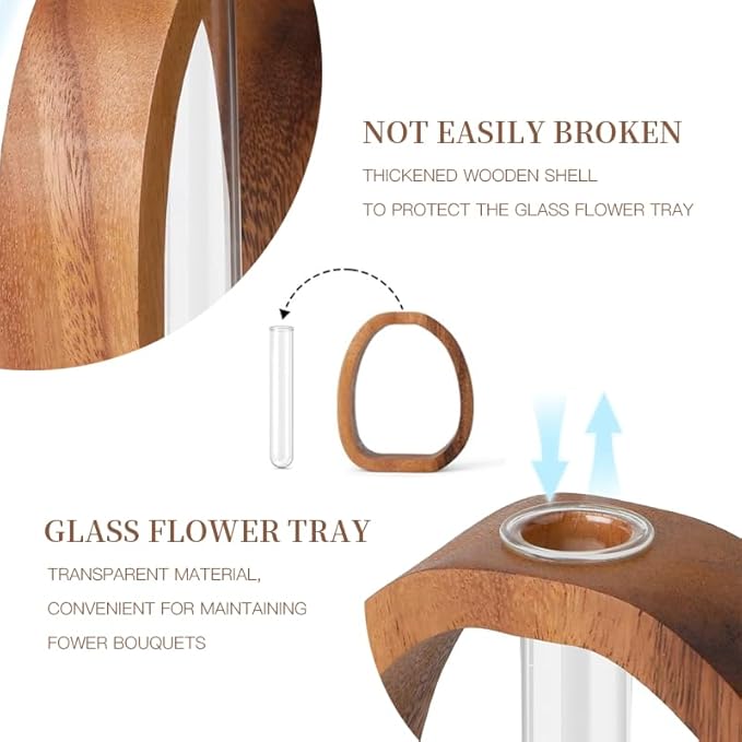 Mini Hydroponic Vase with Walnut Wood Stand, 2.8 x 1.6 x 3.7 inch Glass Propagation Station for Terrarium Plants, Desk Plant Holder Gift for Plant Lovers