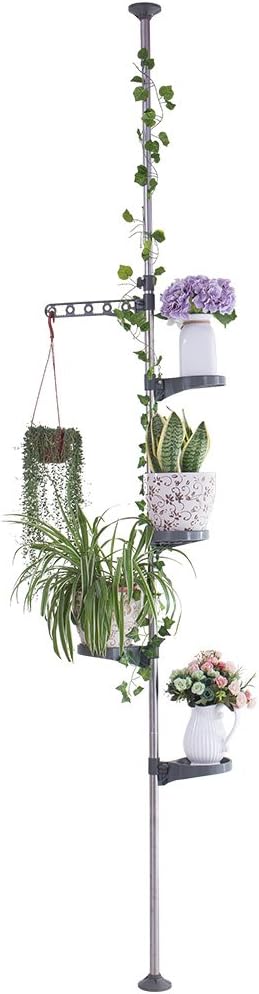 BAOYOUNI 5-Layer Tension Pole Plant Stands Indoor Metal Flower Display Rack Space Saver Floral Pot Hanging Shelf ,Grey