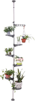 BAOYOUNI 7-Tier Indoor Plant Pole Spring Tension Rod Expandable Flower Pots Display Rack Stand Hanger Metal Corner Storage Shelf, Grey