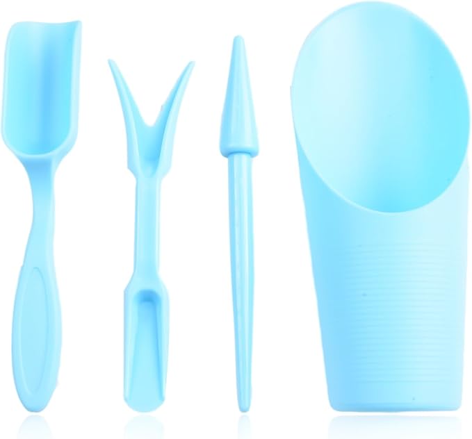 Garden Tool Set with Transplanter Scoop Bucket Shovel and Hole Punch for Succulent and Greenhouse Planting Four Piece Plastic Kit for Transplanting and Potting Tasks(Blue)