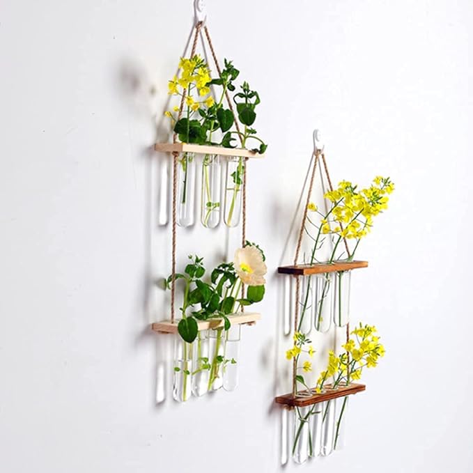 Wall Hanging Planter, 2 Tiered Plant Propagation Stations Plant Terrarium with Wooden Stand, Glass Planter Test Tube Vase for Propagating Hydroponic Plants Home Office Garden Decor (Wood Color)