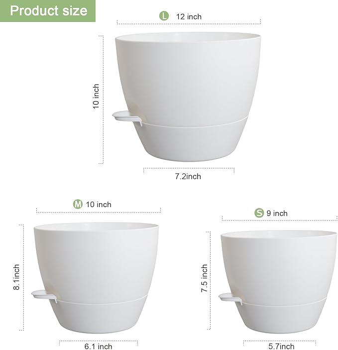 WSMKSZ 12/10/9 inch Large Self Watering Pots, Plant Pots with Mesh Drainage Holes for Indoor Outdoor Garden Plants, Flower Pots with Removable Deep Reservoir, Set of 3 Plastic Planters, White