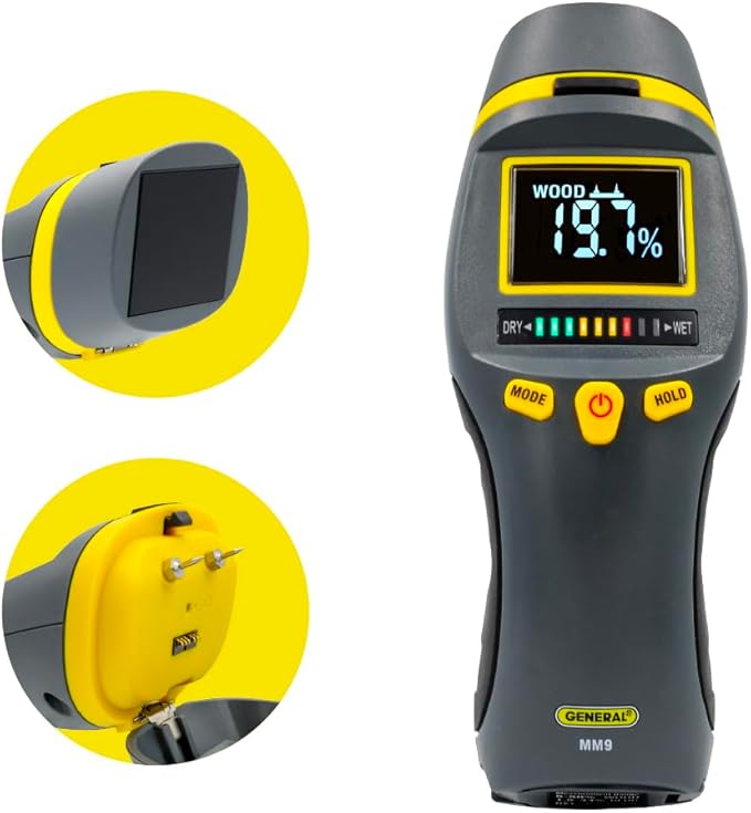 General Tools MM9 Pin & Pinless Moisture Meter – Dual Moisture Detector for Wood, Drywall & Building Materials – Digital Display, Scan & Pin Modes, Data Hold