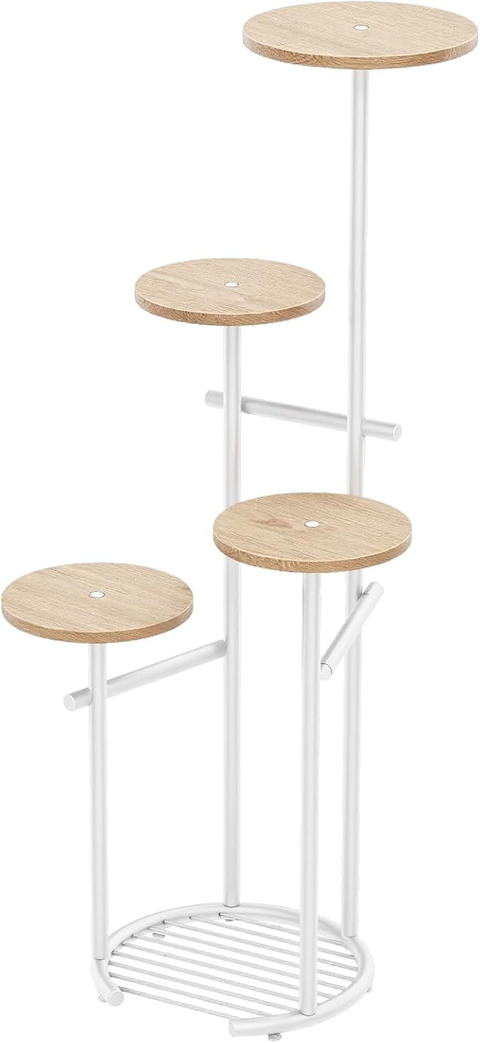 TOSKING 5-Tier Thickened Metal Plant Stand, Anti-Tip Round Base for Pots, Child & Pet Friendly, Corner Shelf Flower Pot for Multiple Plants, Indoor Outdoor Use for Living Room Balcony Patio Garden (White and Wood, 42in)