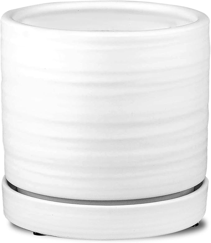 HERDUK 6 Inch Plant Pots, Ceramic Planter Pot with Drainage Hole & Saucer, Indoor/Outdoor Cylinder Round Planter Pot, Matte White