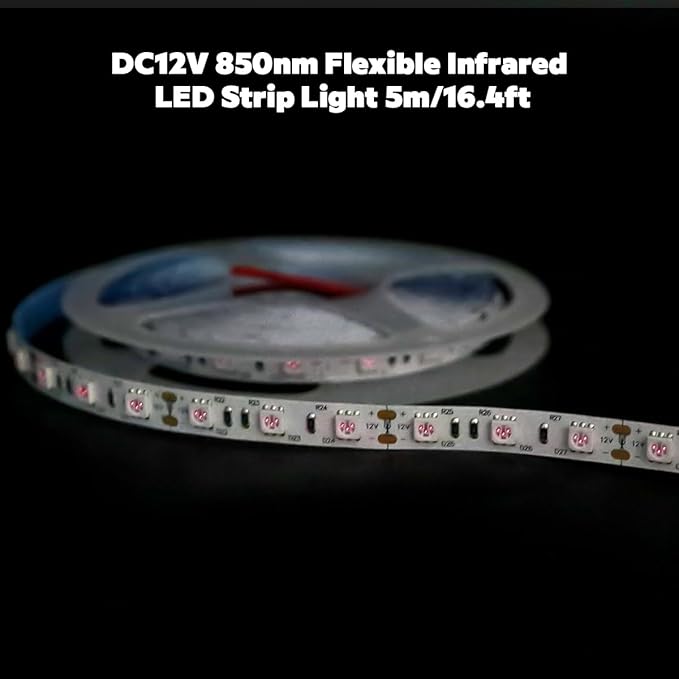12 Volt 850nm LED Strip Light, 5m/16.4ft 72W IP20 Non-Waterproof Trimmable Flexible Infrared Light Tape for Night Photography and LED Red Light Therapy (850nm, 300 LEDs, 5050 SMD)
