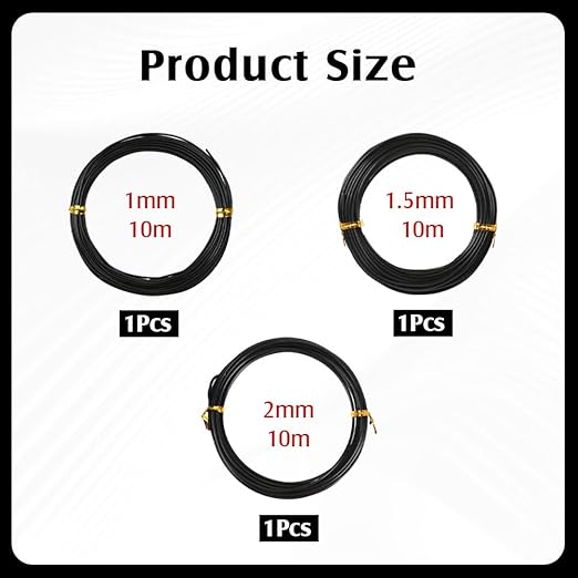 3 Rolls Bonsai Wire, 98 Feet Aluminum Bonsai Training Wires, 3 Sizes Plant Training Wires Black Plant Wires Aluminum Wire for Bonsai Tree Training Indoor DIY Crafts (1mm, 1.5mm, 2mm)