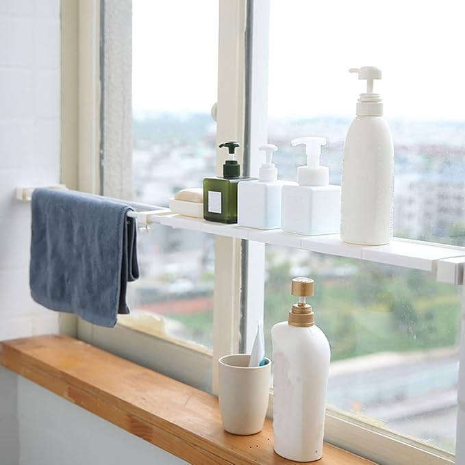Extendable Narrow Closet Tension Shelf Slim Cupboard Divider Rod Adjustable Cabinet Organization Storage Rack Windowsill Bathroom Shelving Unit for Small Space - White