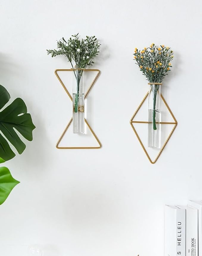 2 Pack Nordic Wall Vase Hanging Geometric Gold Flower Vase Wall Mount Metal Frame Vases Hydroponic Glass Bud Vase Decor for Home Wedding Farmhouse