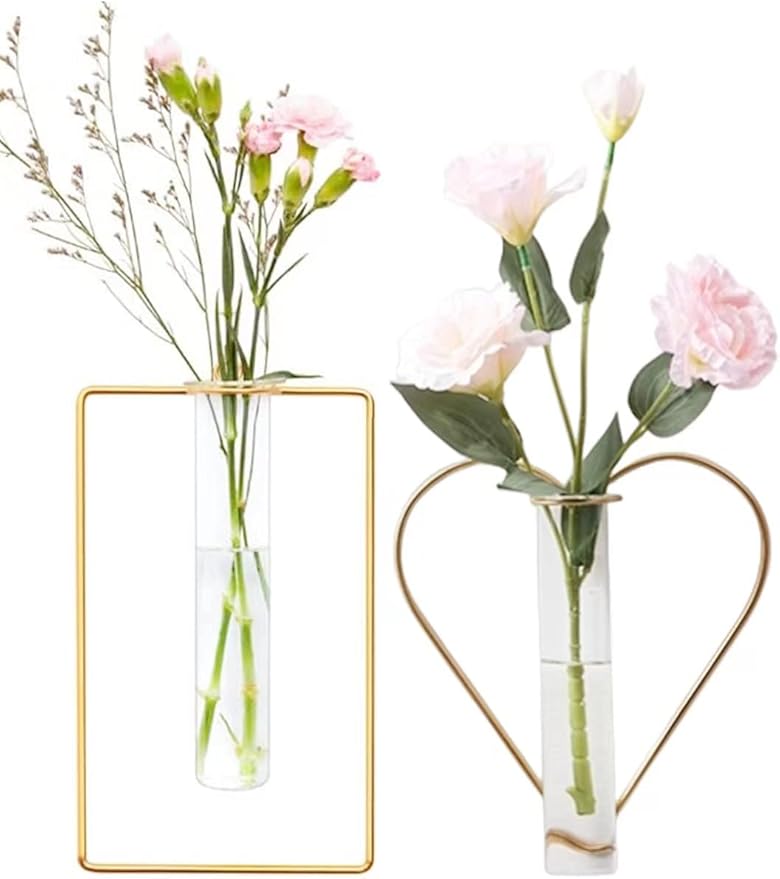 2 Pack Gold Metal Vase,Wall Flower Vase,Geometric Vase,Clear Glass Vase Hydroponic Hanging Plants,Decorative Vase for Fridge,Window,Home,Party (Gold 2)