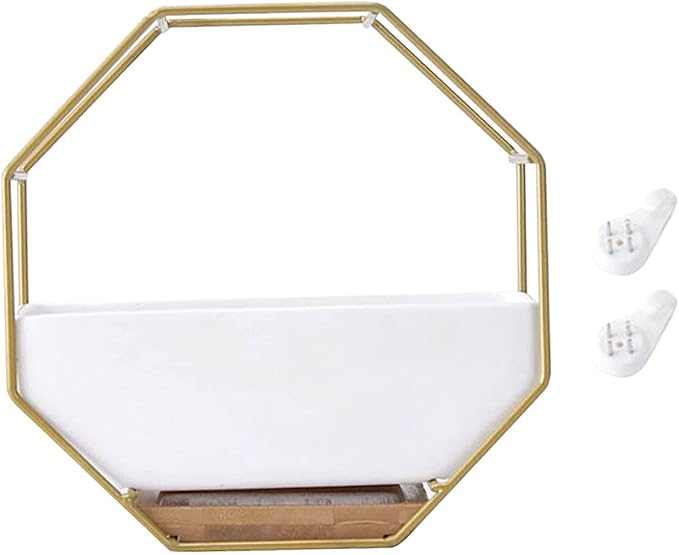 Modern Wall Planter Metal Wire Octagon Design Wall-Mounted Shelves with Ceramic Flower Pot Geometric Hexagon Wall Decor (Color : Golden)