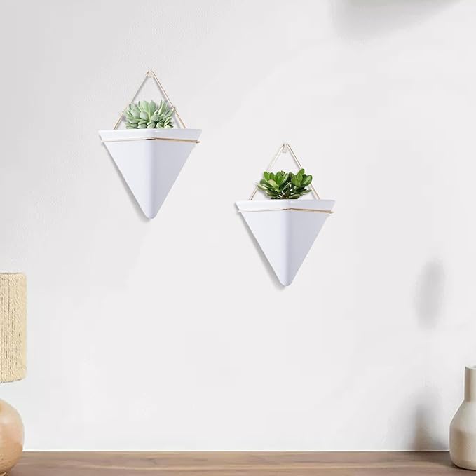 Hanging Planter, 2PCS Geometric Triangle Wall Plant Holder, Ceramic Wall Mounted Plant Holder, for Succulent, Faux Plants, Home and Office Decor, White, Mounted