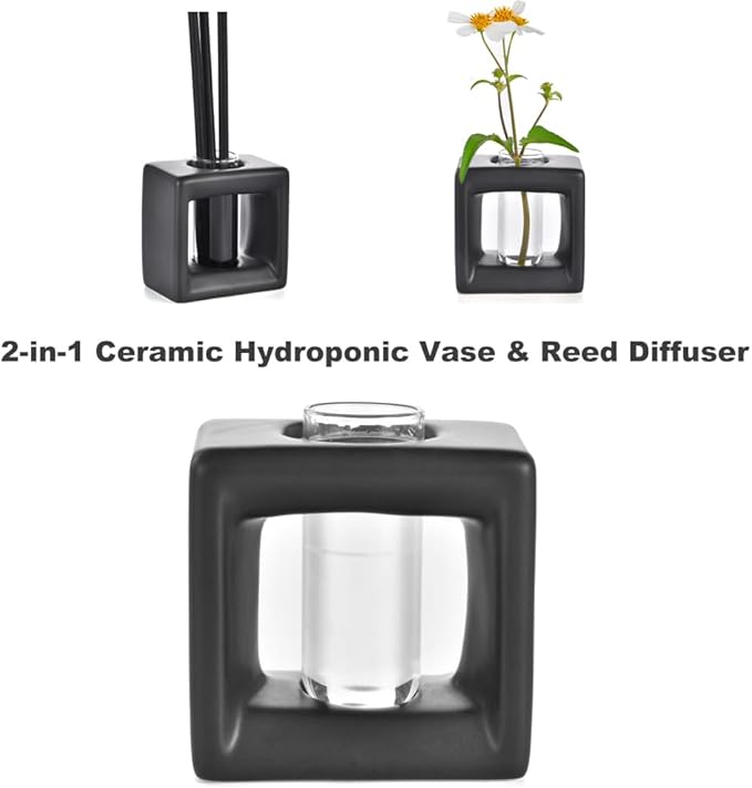 ORGJ Matte-Black Propagator Plant Vase - 2-in-1 Modular Propagation Tubes & Aroma Diffuser with Test Tube Rack System, Industrial Water Propagation Station for Herb Cuttings, Geometric Ceramic Decor
