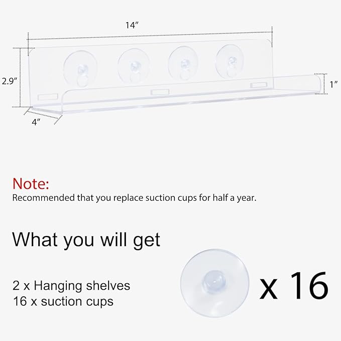 Sumerflos 2 Pack Window Shelves for Plants, Clear Acrylic Suction Cup Shelf, Window Sill Extender Floating Shelves for Indoor Plant, Flowers, Succulents, Seed Starter Pots
