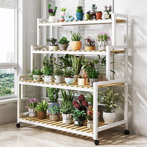 4-Tier Metal Flower Stand - Stylish Bamboo Plant Shelf for Indoor Succulents & Home Decor - Wooden Ladder Display Rack for Flower Pots & Greenery Support