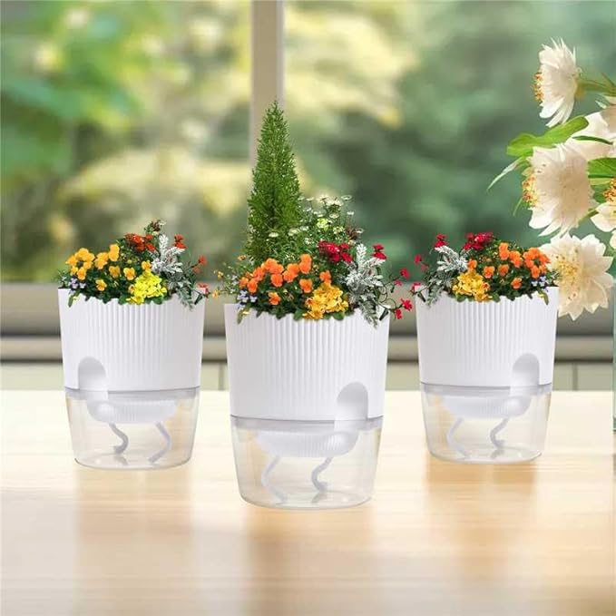 3 Pack - 5.5 Inch Self Watering Planter Pots for Indoor Plants - African Violet Pots with Wick Rope - White