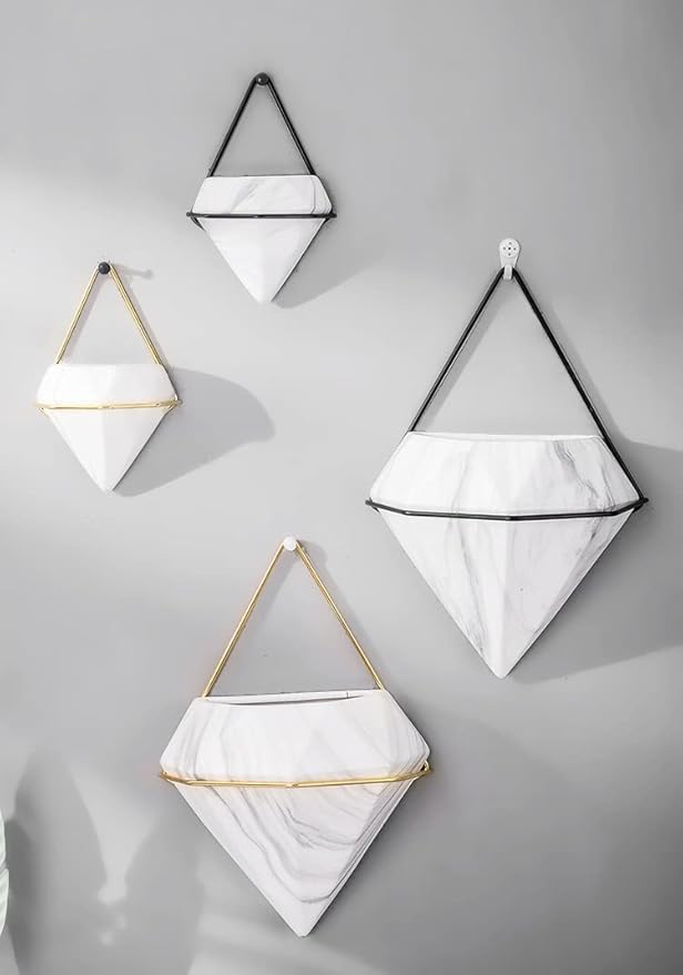 Diamond Wall Planters,Geometric Wall Flower Vases Set,Wall Mounted Plant Holder Vase,Ceramic Air Plants Hanging Holder Pots,Cactus Faux Plant Containers Modern Indoor Decor for Home Office (Black B)