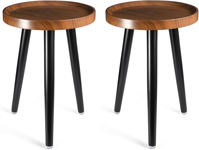KGPLOME Indoor Plant Stand,Wood Mid Century Plant Table in Walnut Finish,Tall Plant Stand for Flower Pot,Modern Round Small Side End Table with Raised Design (Walnut, 12"x18" 2 Pack)