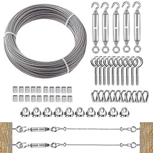 TooTaci 1/8" Wire Rope Kit, 100ft 304 Stainless Steel Cable 7×7 Strands, M6 Turnbuckles for Cables Wire, Aircraft Cable Heavy Duty with Turnbuckle Tensioner Kit for Strings Light Hanging