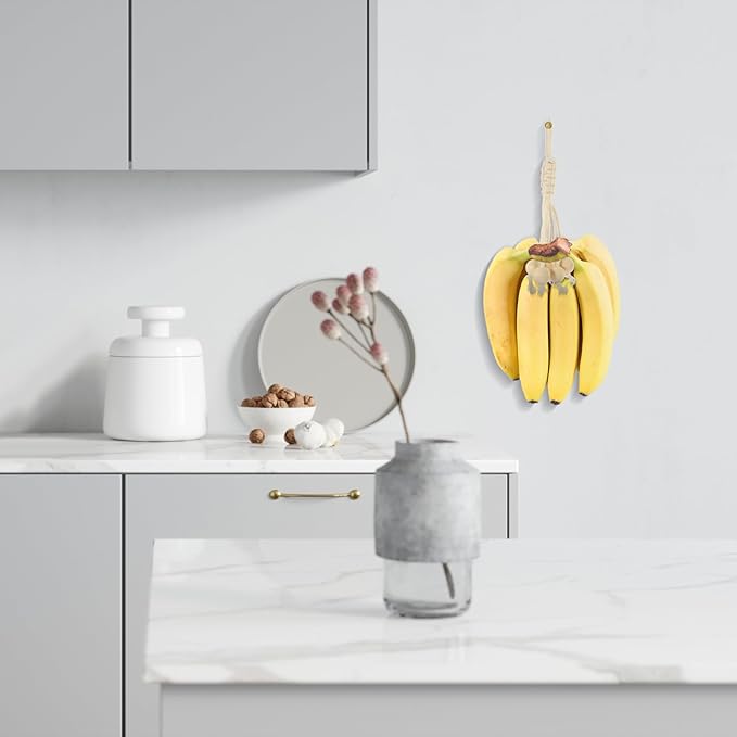 Cabilock Banana Hanger Cotton Rope with Wooden Beads Hanging Fruit Storage Organizer for Kitchen Cabinet or Countertop