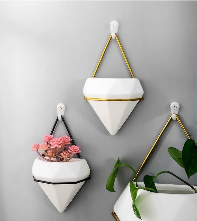 Diamond Wall Planters,Geometric Wall Flower Vases Set,Wall Mounted Plant Holder Vase,Ceramic Air Plants Hanging Holder Pots,Cactus Faux Plant Containers Modern Indoor Decor for Home Office (Black A)