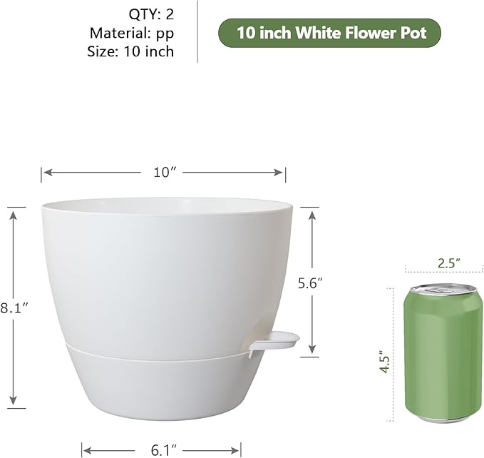 WSMKSZ 10 inch Self Watering Pots, 2 Pack Plastic Planters with Mesh Drainage Holes for Garden Plants and Flower, Plants Pots with Deep Reservoir for Indoor Outdoor Plants, White